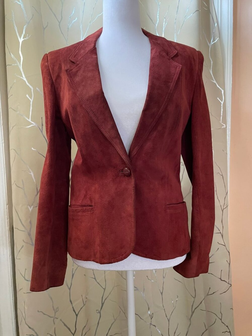 Dark Red Real Suede Leather Blazer Jacket - Picture 9 of 14